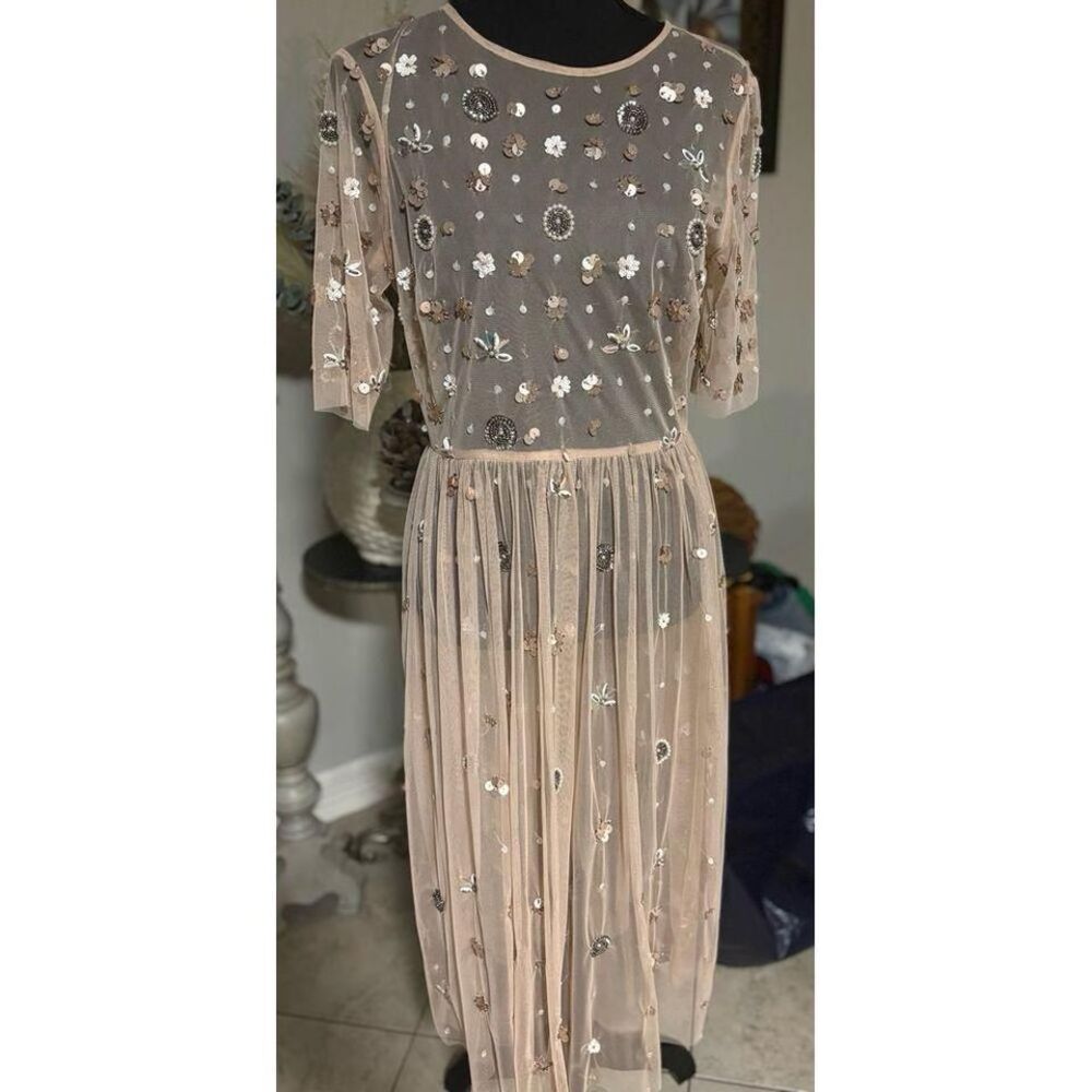 Gianni Bini Mesh Sheer sequined nude dress‎ size Meduim